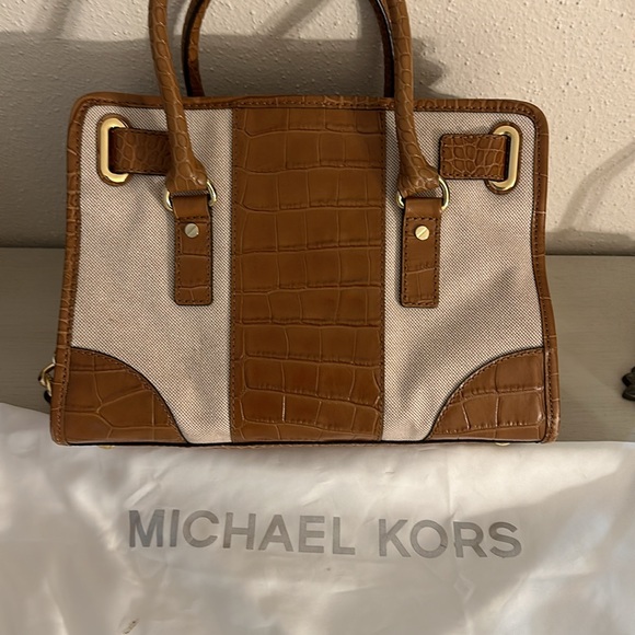 MICHAEL KORS HAMILTON WALNUT BROWN CROC LEATHER CENTER STRIPE SATCHEL - Picture 6 of 11